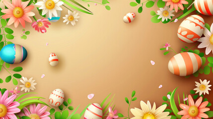 Colorful Easter eggs and flowers as decorative wallpaper background illustration with copy space