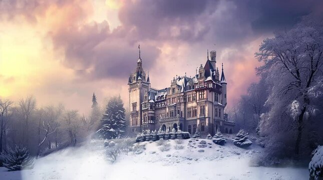 Snowy Castle: Majestic Fortress Amidst a Winter Wonderland Seamless looping 4k time-lapse virtual video animation background. Generated AI