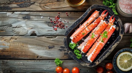 Delicious crab sticks served on wooden table, flat lay