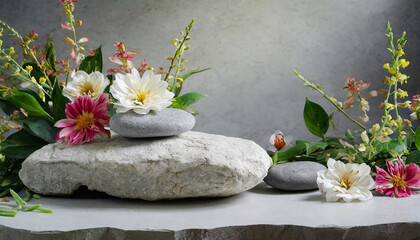 Serene Beauty: Stones and Flowers Podium Background with Free Product Area