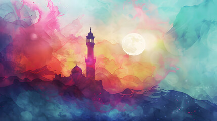 Ramadan Kareem colorful ink style Islamic background  - obrazy, fototapety, plakaty