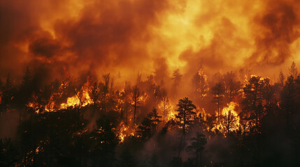 A wildfire raging through the forest