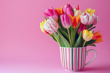 Bouquet of colorful tulips presented in a flowerpot on a pink background with copy space. High quality photo