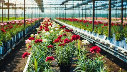 Fototapeta na wymiar Flowers growing in a greenhouse. Flower farming