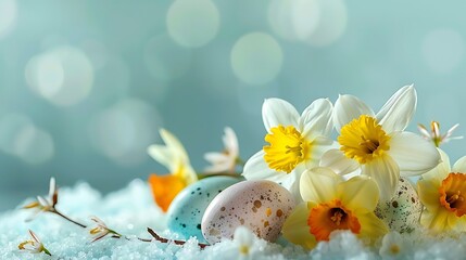 Easter pastel background with colorful easter eggs and daffodils