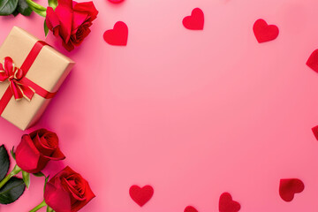 A gift box with red roses and hearts on a pink background with copy space. High quality photo