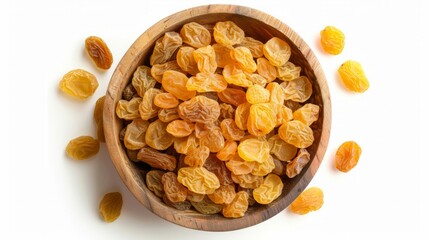 Heap of Yellow Sultanas Raisins in Round Bowl Isolated on White Background. Golden Dried Seedless Grapes - obrazy, fototapety, plakaty