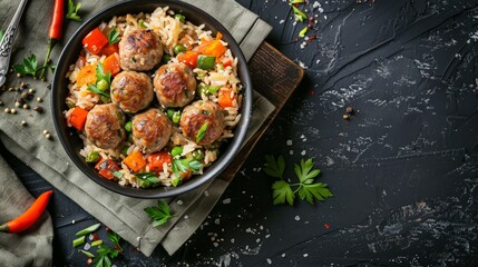 Homemade meatballs with fried rice with vegetables. Balanced and healthy food. Top view, copy space. - obrazy, fototapety, plakaty