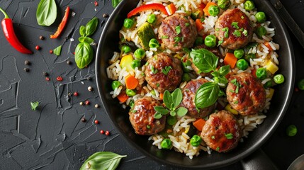 Homemade meatballs with fried rice with vegetables. Balanced and healthy food. Top view, copy space. - obrazy, fototapety, plakaty