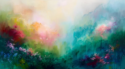 Fotobehang Layers of vibrant pigments blend harmoniously with the lush greenery of spring, creating a captivating abstract composition that mirrors the beauty of nature in full bloom © Muhammad