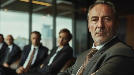 Mature businessman with colleagues in the background