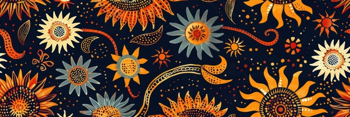 Fototapeta na wymiar Stylized Sunflower Folk Art Tile Pattern Generative AI