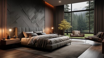 An inviting bedroom with pale mint bedding and charcoal slate accent wall