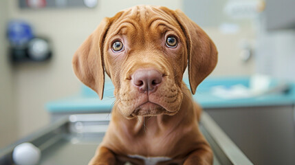 Beautiful red-haired vizsla puppy lying on a table in the veterinary clinic
