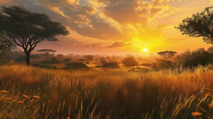 Fototapeta premium Grassland In Golden Sunset