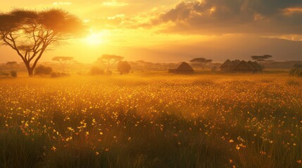 Fototapeta premium Grassland In Golden Sunset