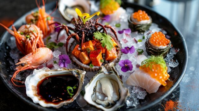 p view of seafood platter: shellfish, oysters, sea urchin and balsamic sauce