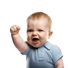 Funny baby hold up fist with emotion