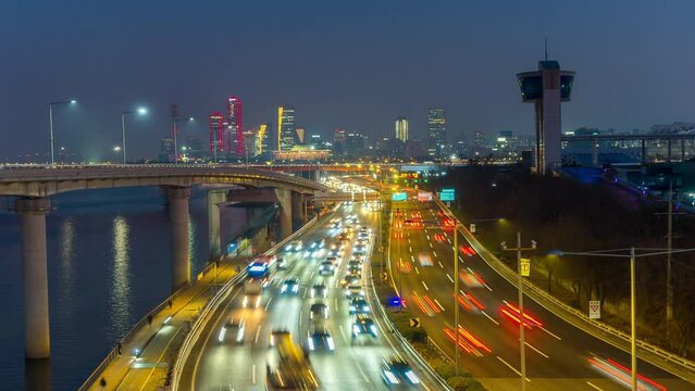 Time lapse of traffic at night in Seoul, South Korea.