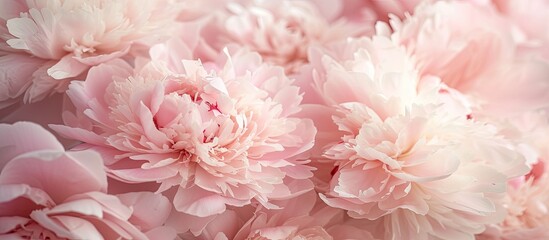A close-up view of a bunch of faint pink flowers in full bloom, showcasing stunning peony blossoms in a faint pink hue that fill the frame with graceful elegance.