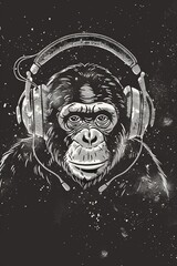 Simple line Illustration chimpanzee with headphones Flying In The Universe black color grunge texture banner.