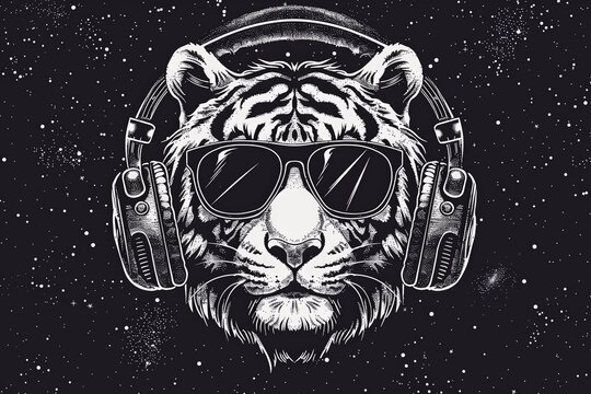 Simple line Illustration tiger in viar glasses with headphones Flying In The Universe black color grunge texture banner.