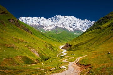An incredible view of the valley of the Enguri river and Main Caucasus Range. Upper Svaneti, Georgia.