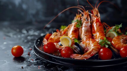 Seafood shrimps prawns squid mussels spotted babylon shellfish crab on plate and dark background / Cooked food served seafood buffet concept - obrazy, fototapety, plakaty