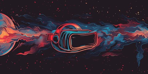 Simple line Illustration vr glasses On Fire Flying In The Universe metaverse black color grunge texture, virtual reality.