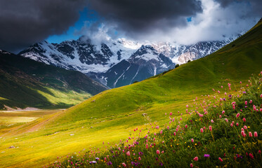 A spectacular view of the alpine valley of the Main Caucasus Range. Upper Svaneti region, Georgia.