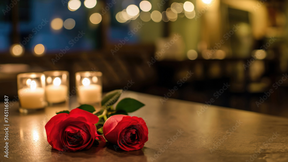 Poster two red roses on table with candles and bokeh lights background at restaurant. high quality photo