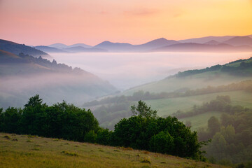 A tranquility view of the mountainous area in the haze. Carpathian National Park, Ukraine, Europe.