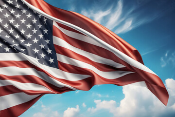 USA Flagge vor blauem Himmel im Wind als Hintergrund