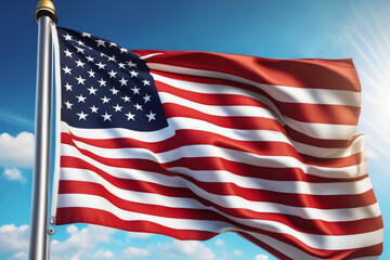 USA Flagge vor blauem Himmel im Wind als Hintergrund