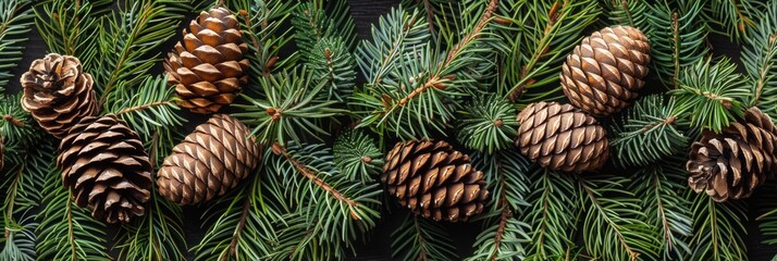 Fototapeta premium Evergreen Branches and Pine Cones Tile Pattern Generative AI