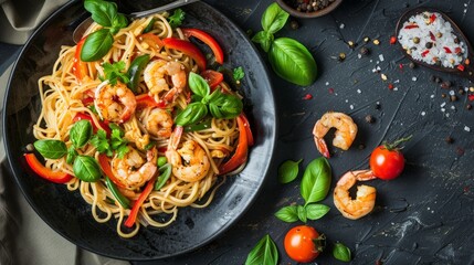 Stir fry noodles with vegetables and shrimps