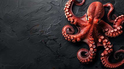 Tasty octopus on black background. Top view flat lay with copy space