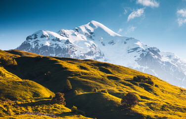 Attractive view of the snowy peak of the Main Caucasus Range. Samegrelo-Zemo Svaneti, Georgia.