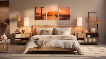 An inviting bedroom with soft peach bedding and burnt sienna accent wall