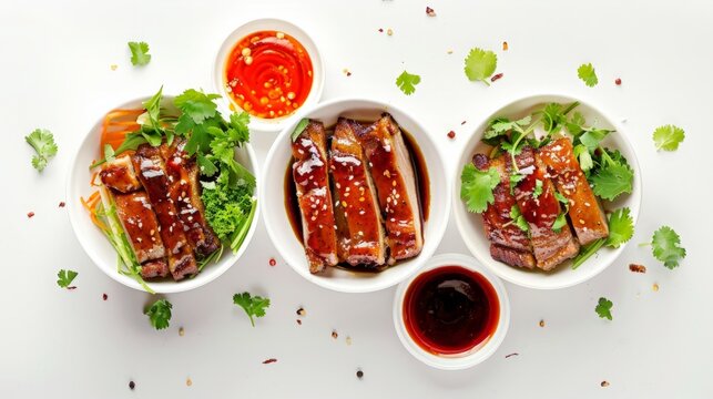 Top view of Juicy Grill pork with spicy sauce (Thai style) in white bowls on white background