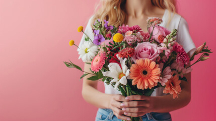 Cropped view of girl holding bouquet of flowers isolated on pink