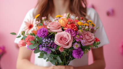 Fototapeta premium Beautiful bouquet in the hands of a girl on a pink background