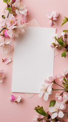 Blank paper card mock-up with Sakura blossoms on white background. Luxury greeting card design concept. Generative AI