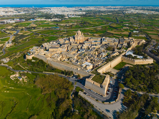 Aerial drone landscape view of Mdina city - old capital of Malta island