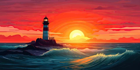 Fototapeten Lighthouse tower with a beam of light. Ocean sunset background scene. Nautical marine scene © AkimD