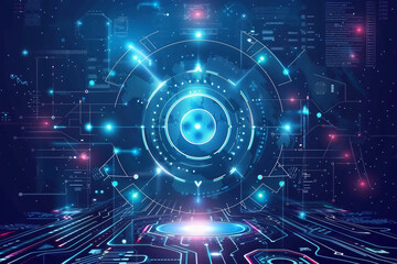 Digital illustration of a blue circuit board with glowing orange lines, resembling a futuristic cityscape at night.