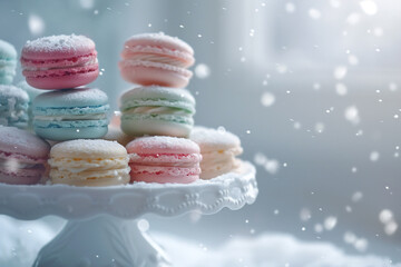 Stack of colorful macarons on a white cake stand, dusted with powdered sugar.
