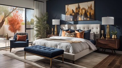 An inviting bedroom with warm ivory bedding and deep sapphire accent wall