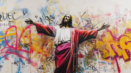 Fototapeta premium Statue of Jesus in Graffiti Background
