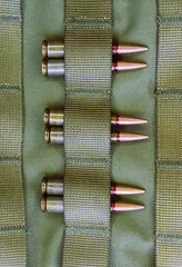 Combat cartridges are attached to tactical belts vertical stock photo for military backgrounds 
